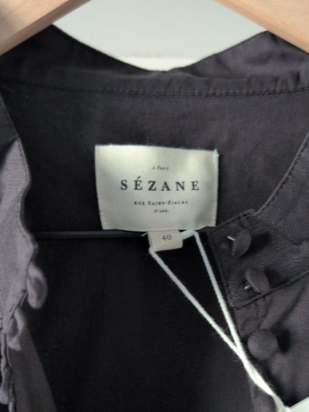 Faria Sezane Black Button-Front Mandarin Collar Blouse - Picture 2 of 4